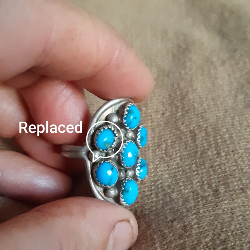 Navajo Style Sterling Turquoise Cabochon Cluster Ring Size 8.75 - Picture 13 of 16